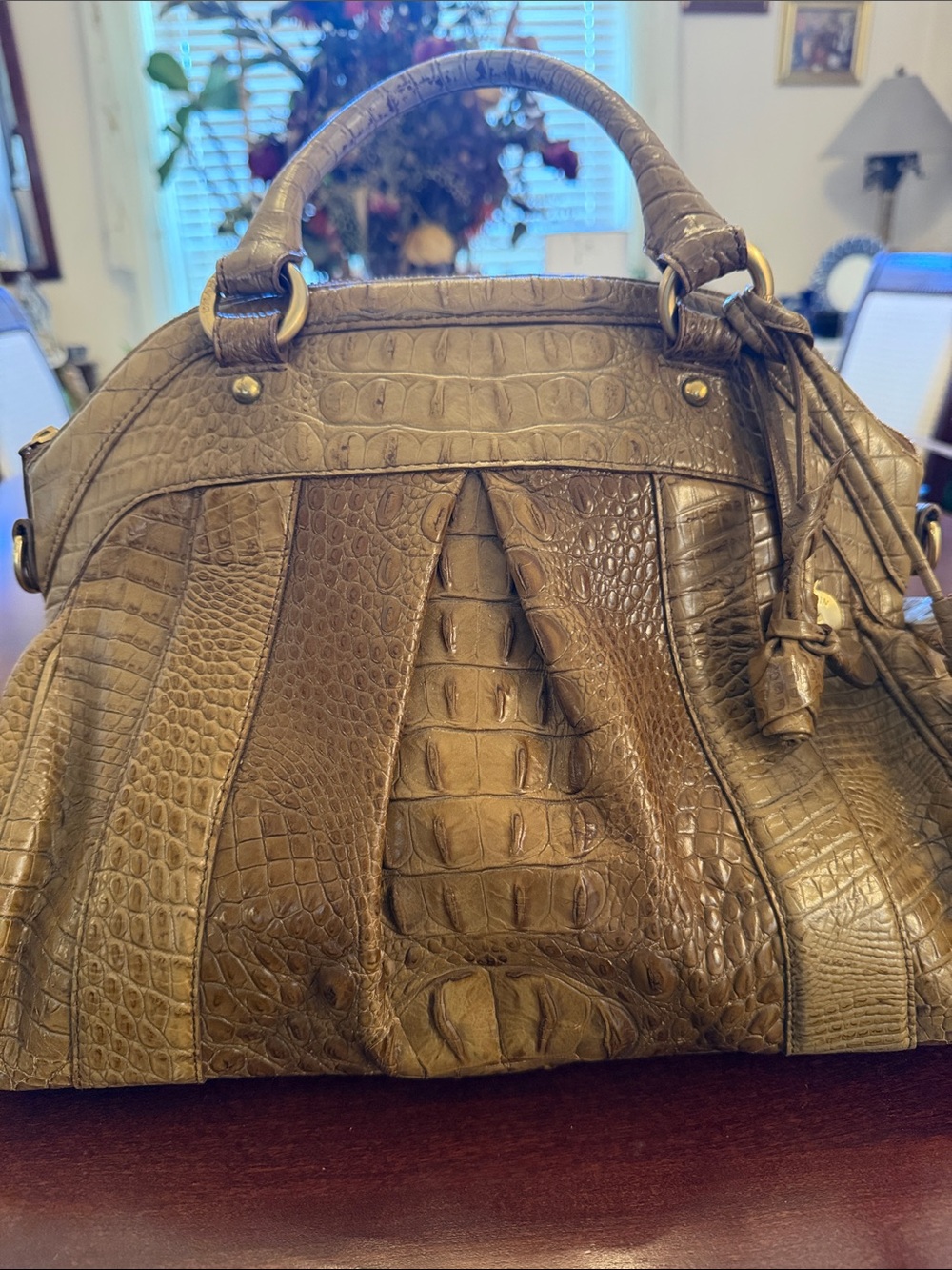 Brahmin Croc-Embossed Satchel in Taupe